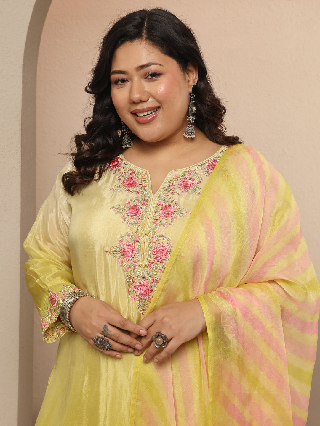 Plus Size Yellow Embroidered Crepe Suit Set With Dupatta