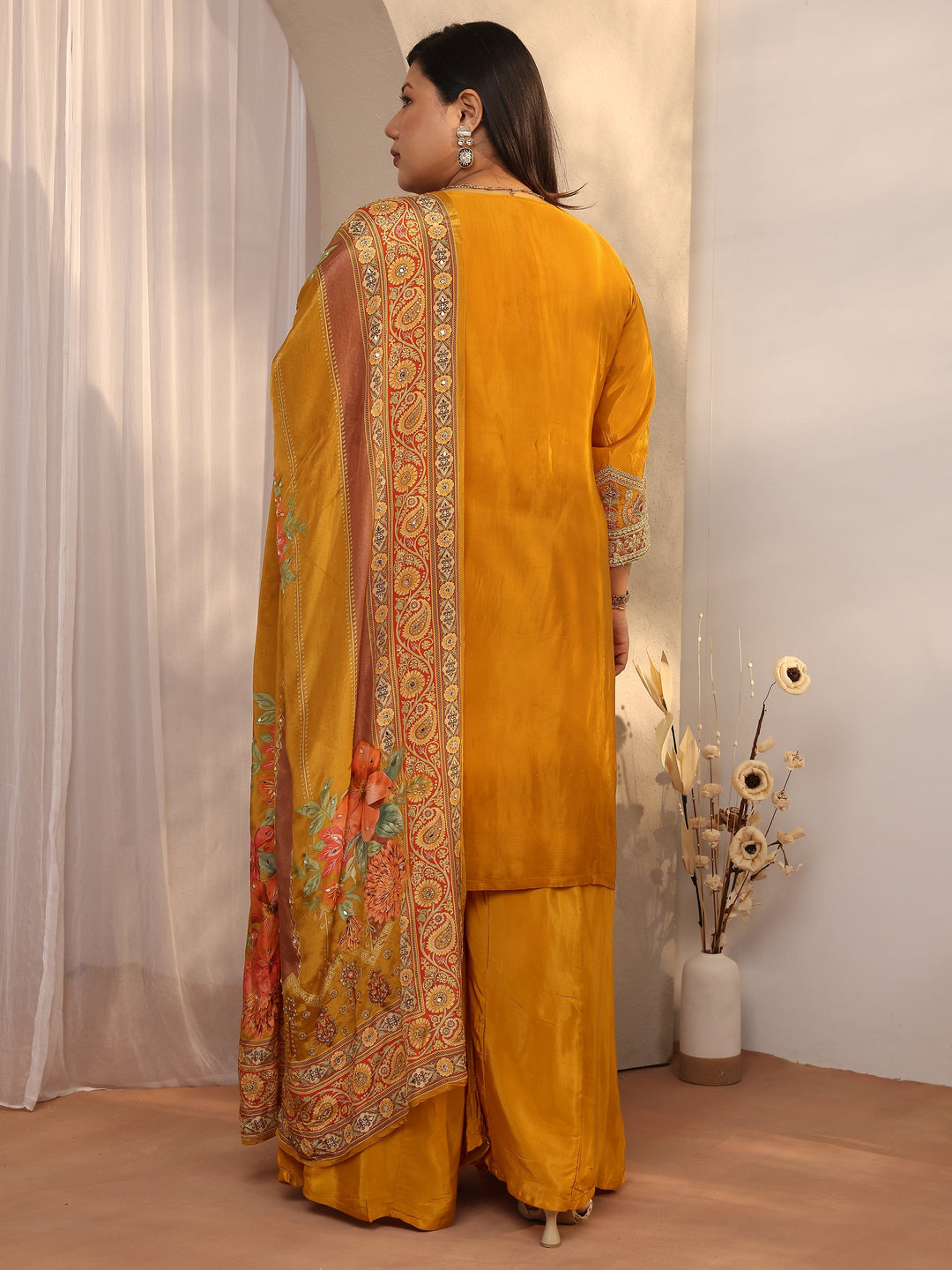 Plus Size Orange Embroidered Crepe Straight Suit Set With Dupatta
