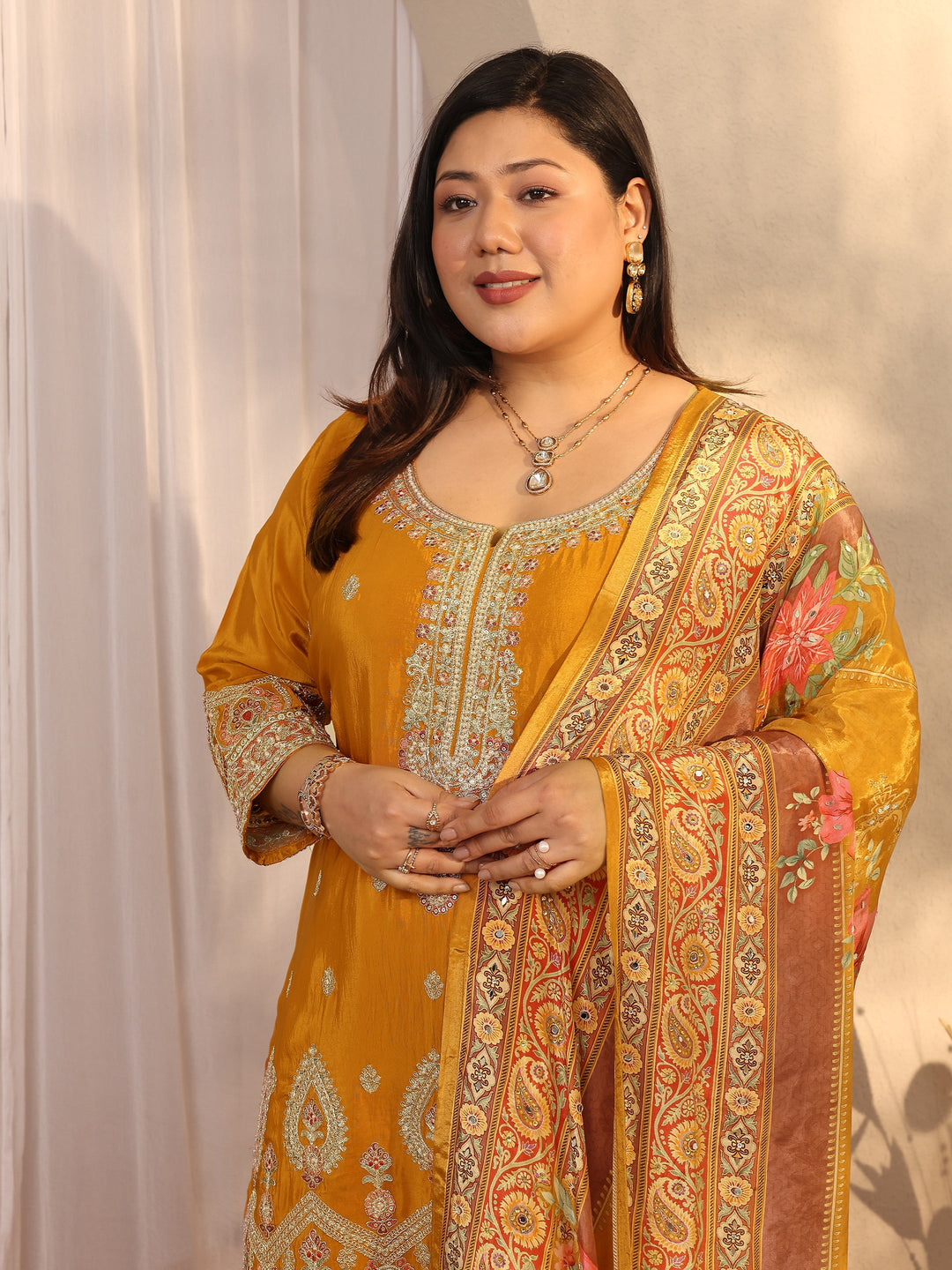 Plus Size Orange Embroidered Crepe Straight Suit Set With Dupatta