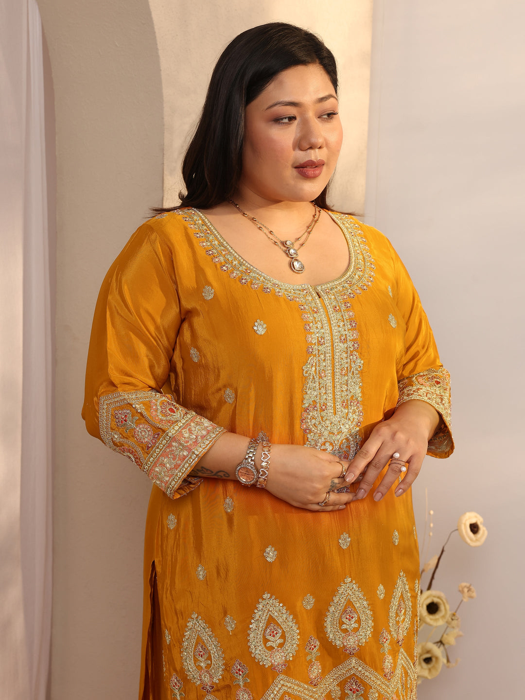 Plus Size Orange Embroidered Crepe Straight Suit Set With Dupatta