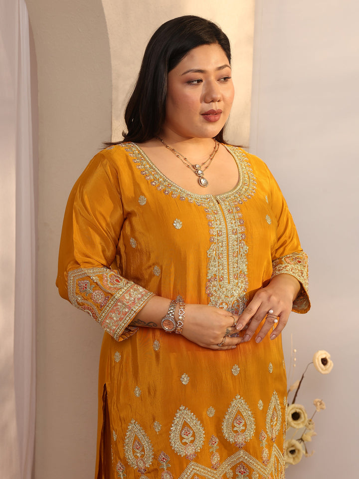 Plus Size Orange Embroidered Crepe Straight Suit Set With Dupatta