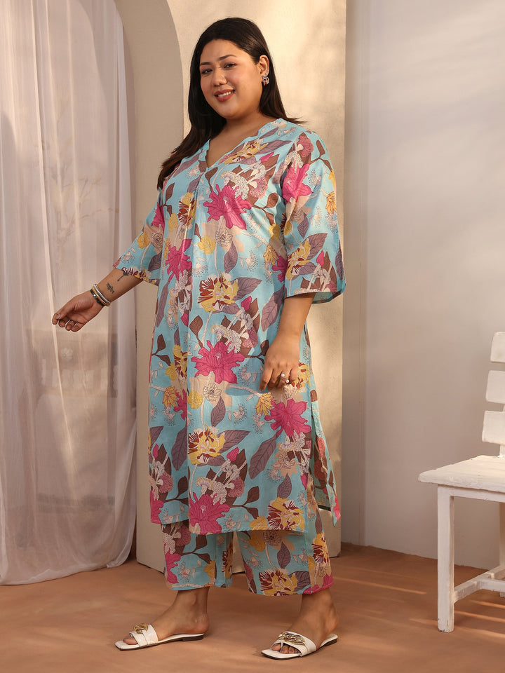 Plus Size Blue Printed Cotton Co-Ord Sets