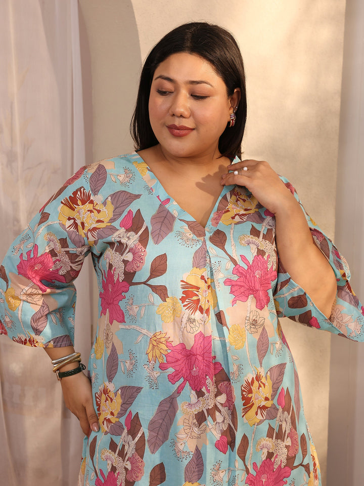 Plus Size Blue Printed Cotton Co-Ord Sets