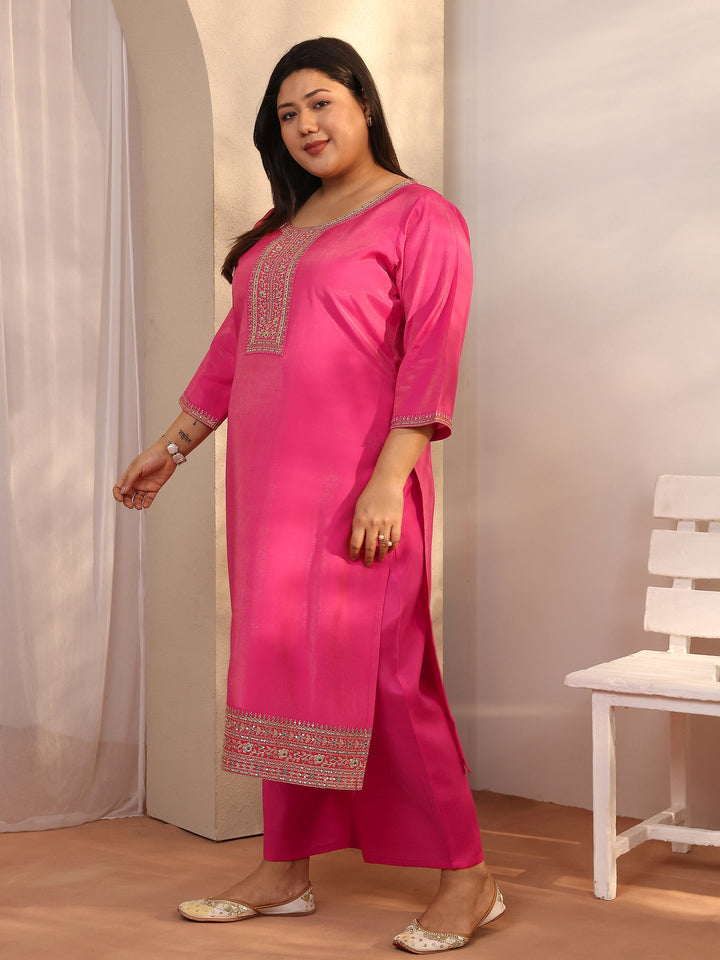 Plus Size Pink Embroidered Silk blend Straight Suit Set With Dupatta