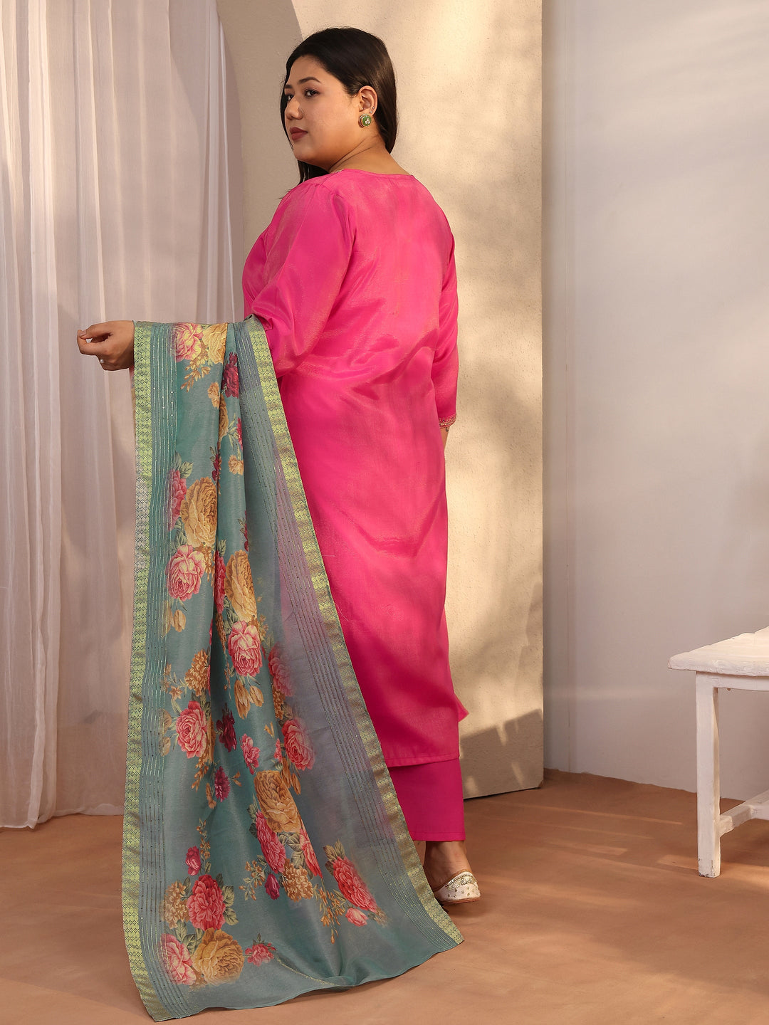 Plus Size Pink Embroidered Silk blend Straight Suit Set With Dupatta