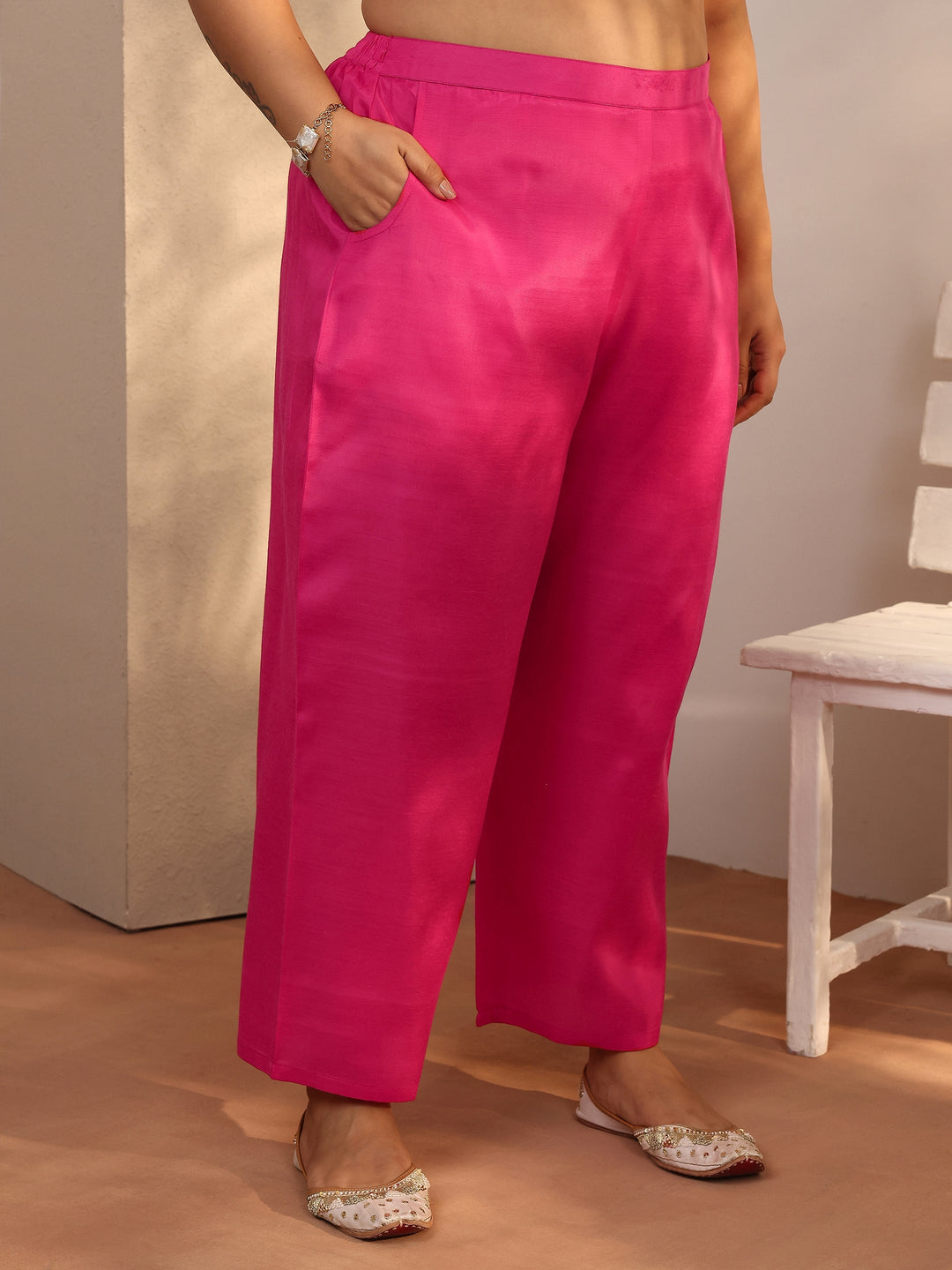 Plus Size Pink Embroidered Silk blend Straight Suit Set With Dupatta