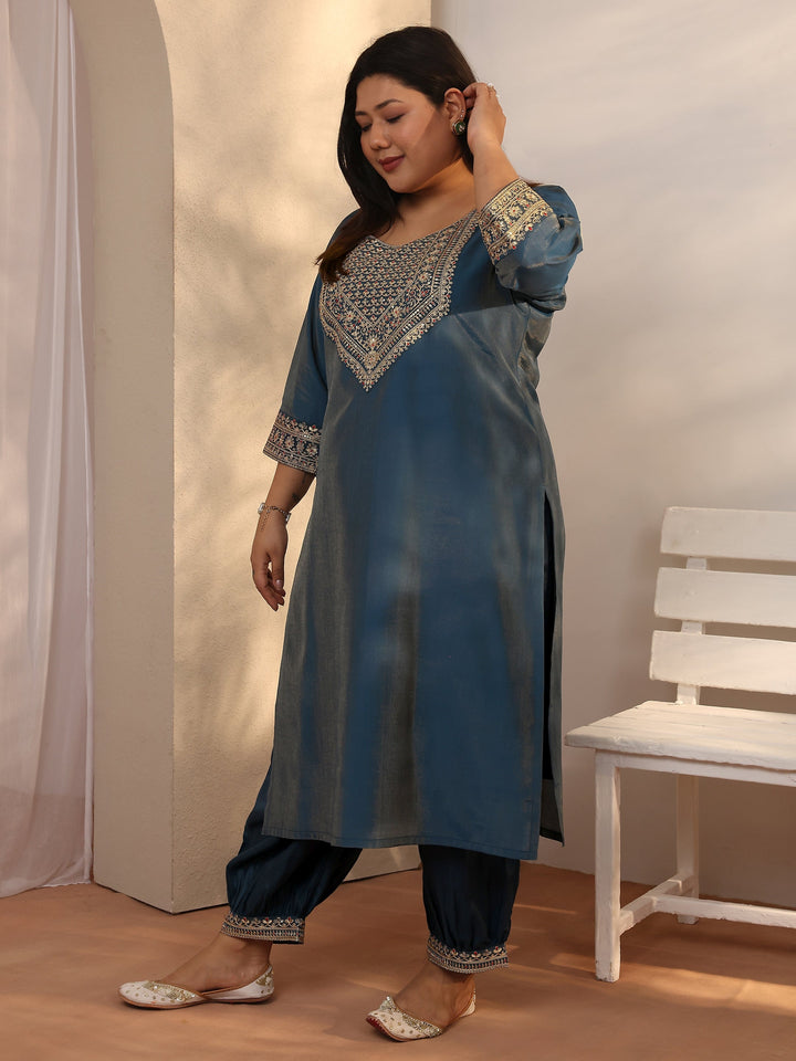Plus Size Teal Embroidered Silk blend Straight Suit Set With Dupatta