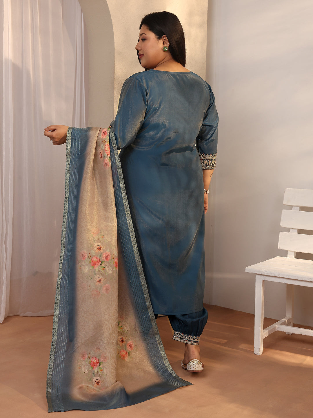 Plus Size Teal Embroidered Silk blend Straight Suit Set With Dupatta