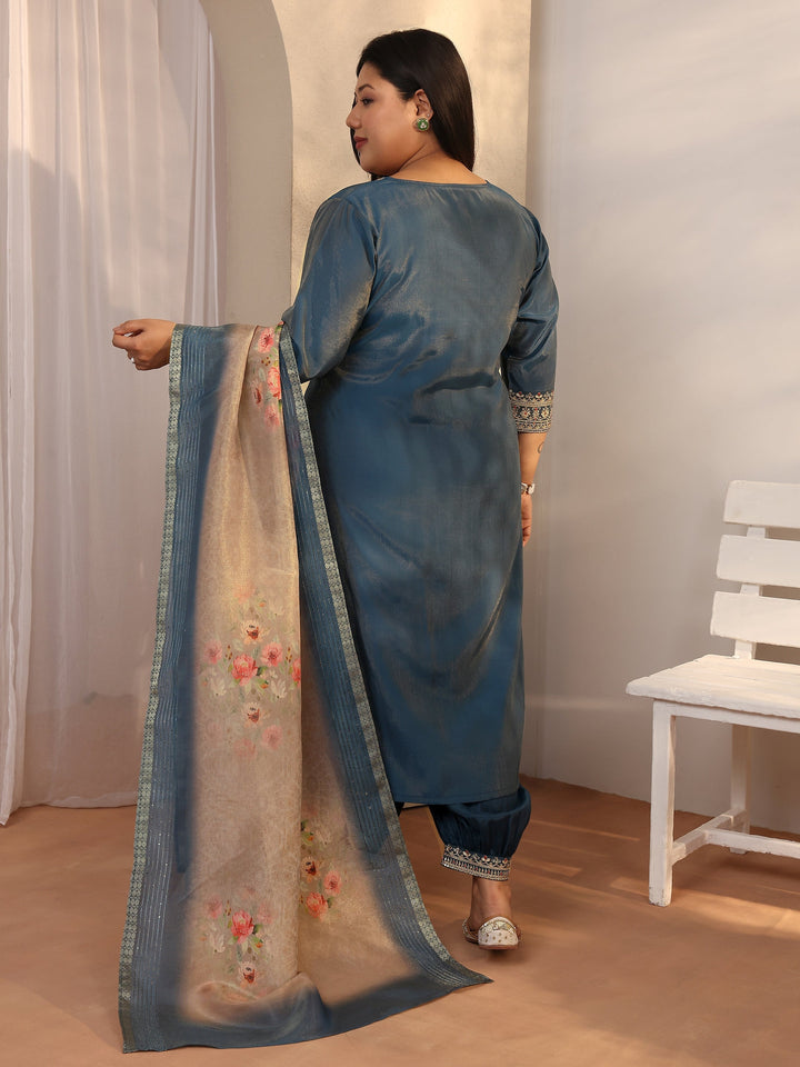 Plus Size Teal Embroidered Silk blend Straight Suit Set With Dupatta
