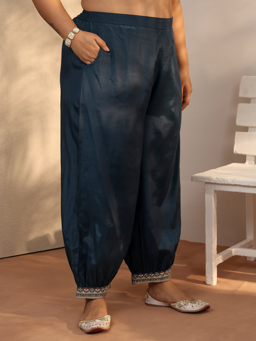 Plus Size Teal Embroidered Silk blend Straight Suit Set With Dupatta