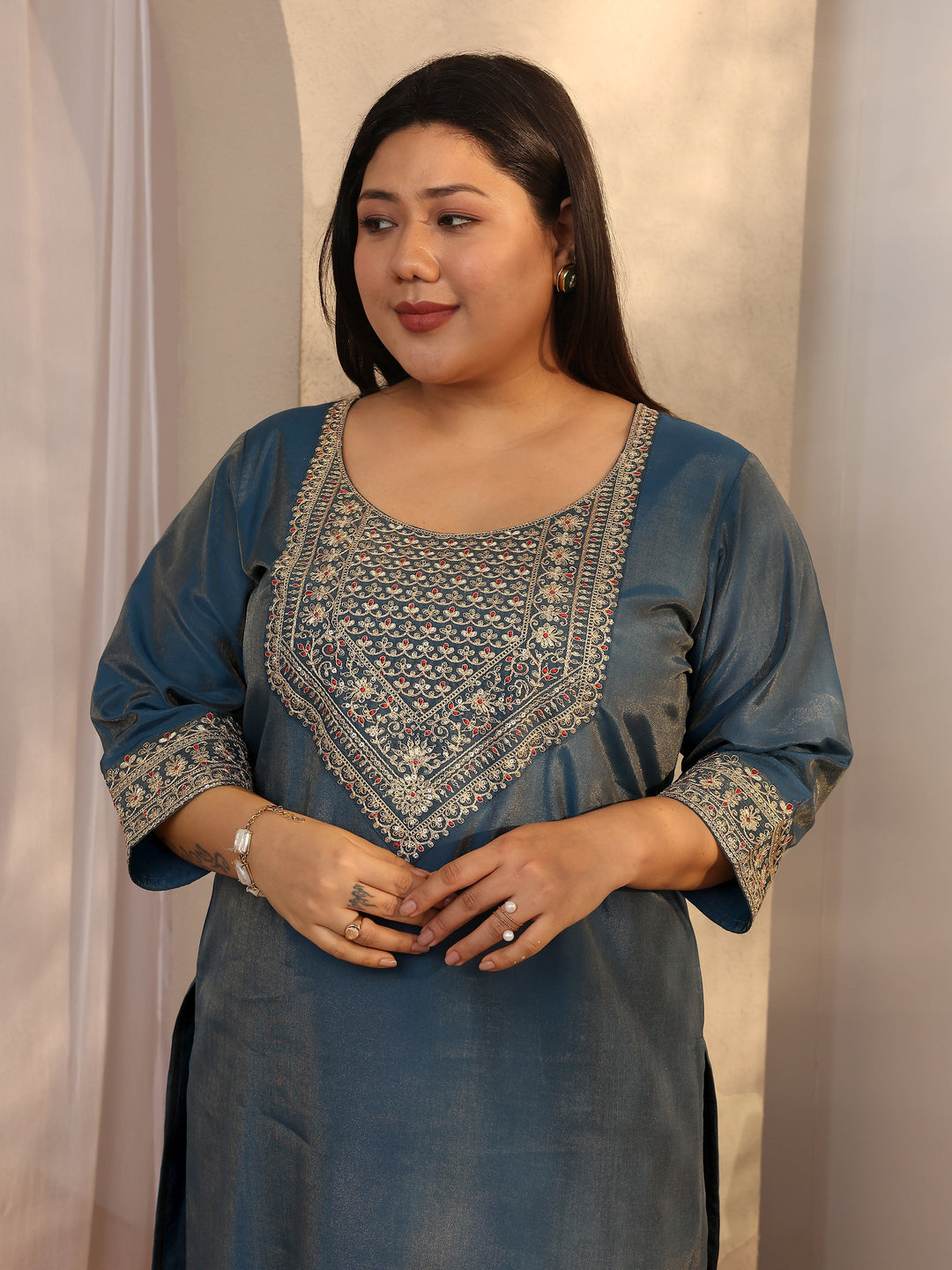 Plus Size Teal Embroidered Silk blend Straight Suit Set With Dupatta