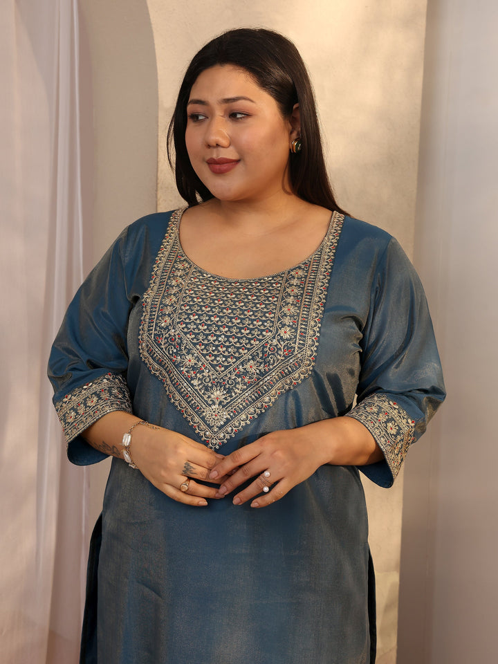 Plus Size Teal Embroidered Silk blend Straight Suit Set With Dupatta