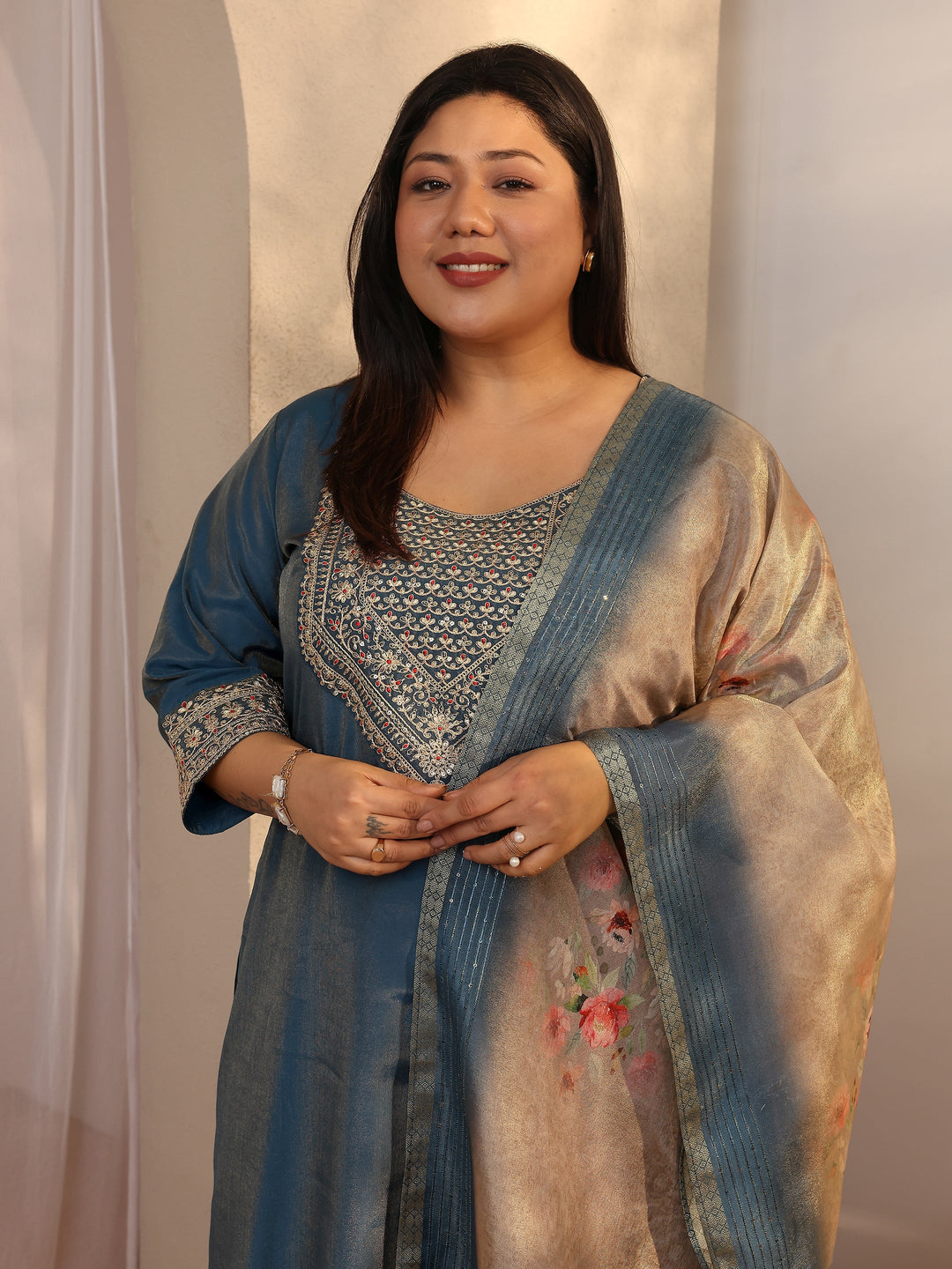 Plus Size Teal Embroidered Silk blend Straight Suit Set With Dupatta