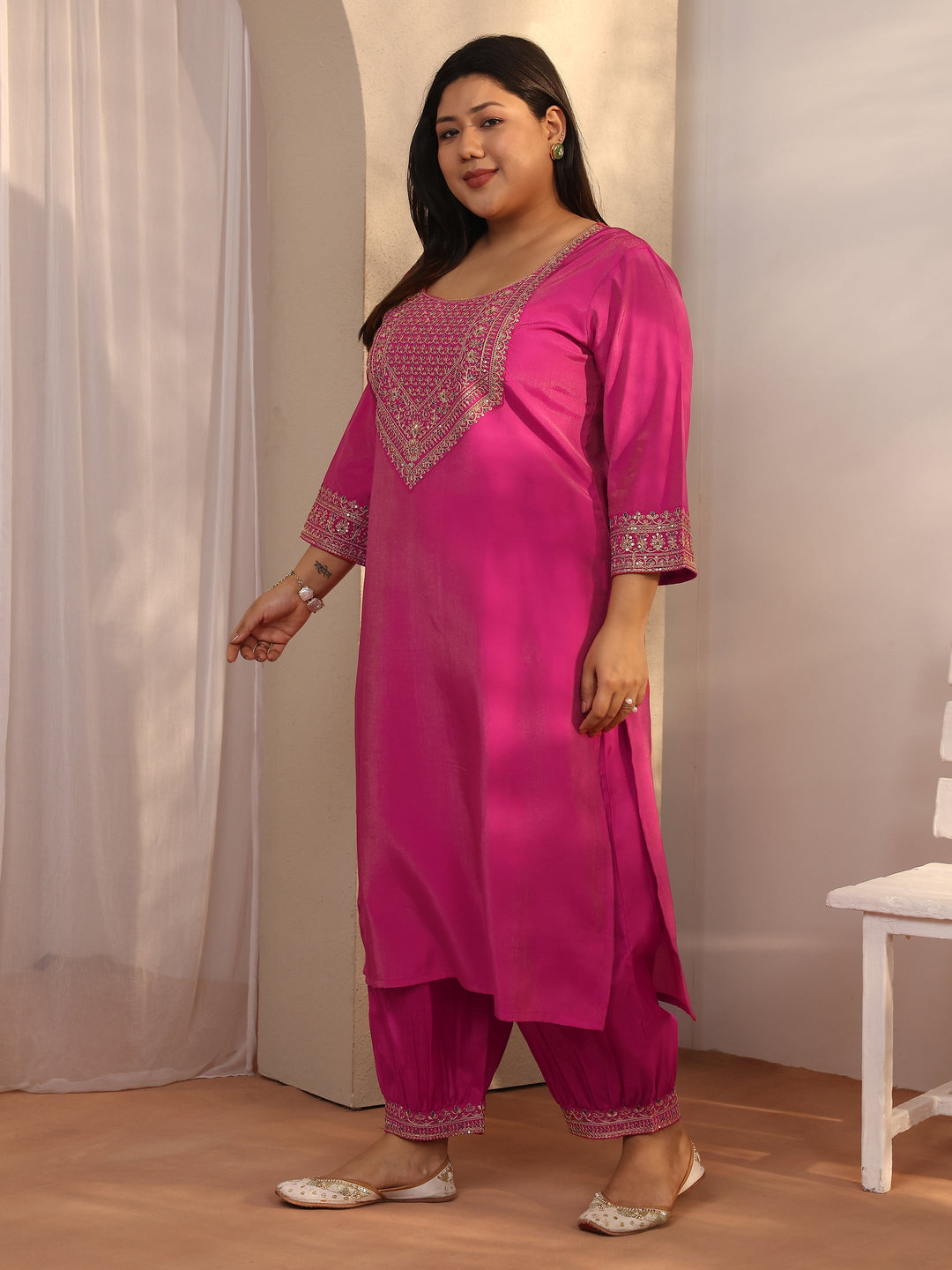Plus Size Pink Embroidered Silk blend Straight Suit Set With Dupatta