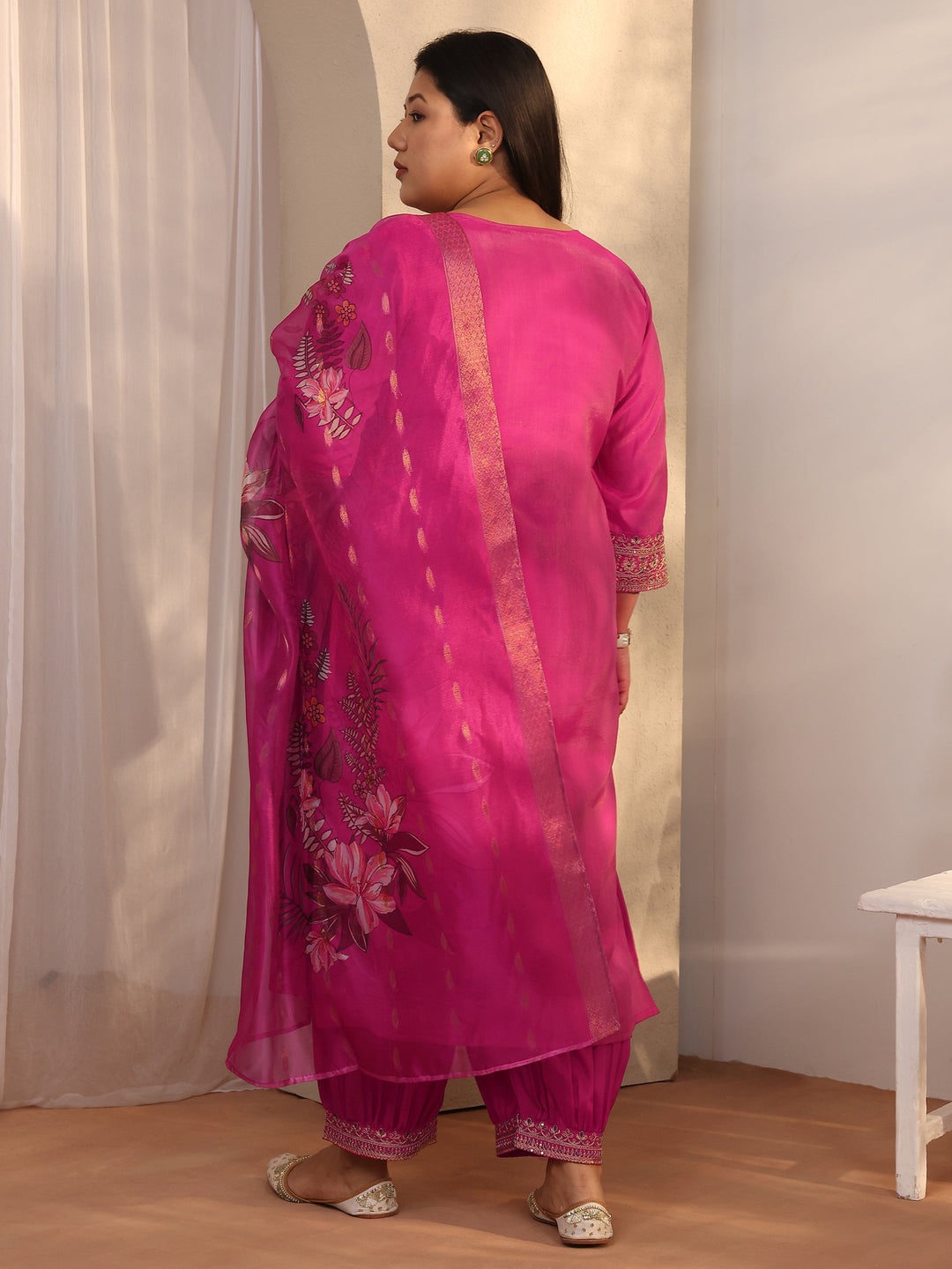 Plus Size Pink Embroidered Silk blend Straight Suit Set With Dupatta