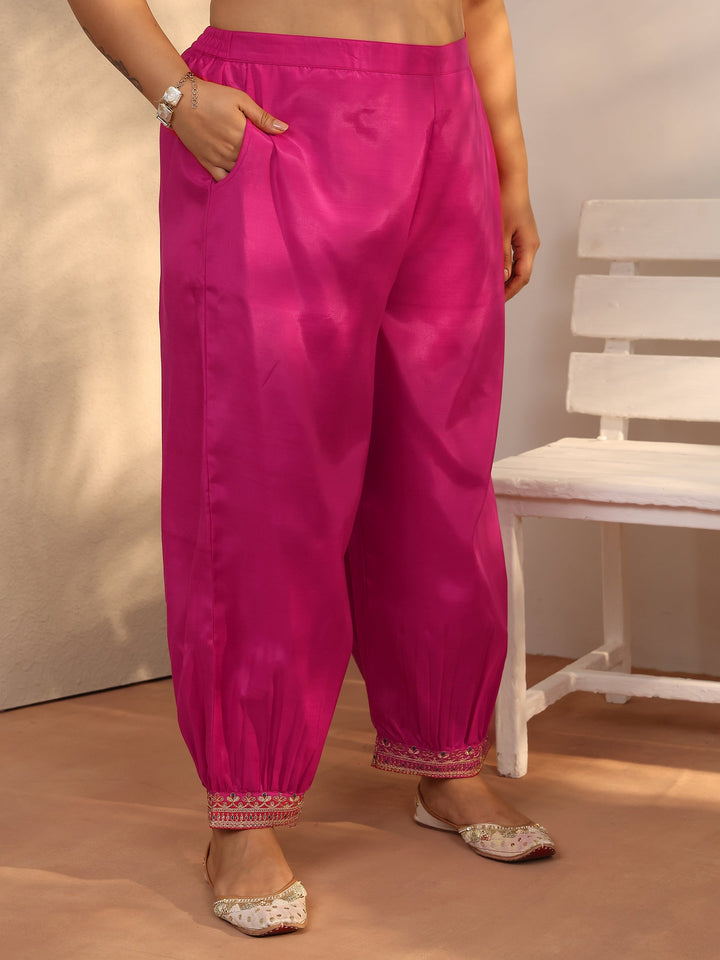 Plus Size Pink Embroidered Silk blend Straight Suit Set With Dupatta