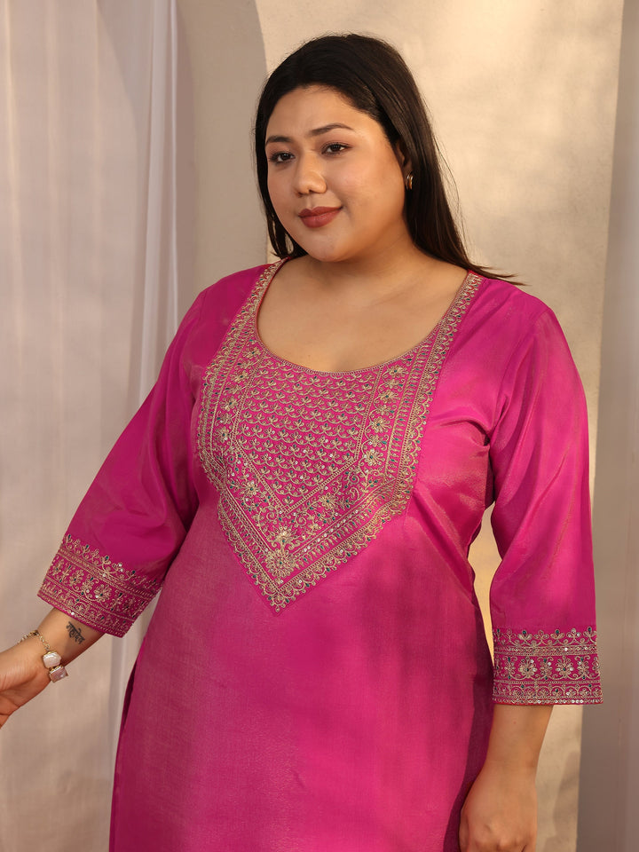 Plus Size Pink Embroidered Silk blend Straight Suit Set With Dupatta