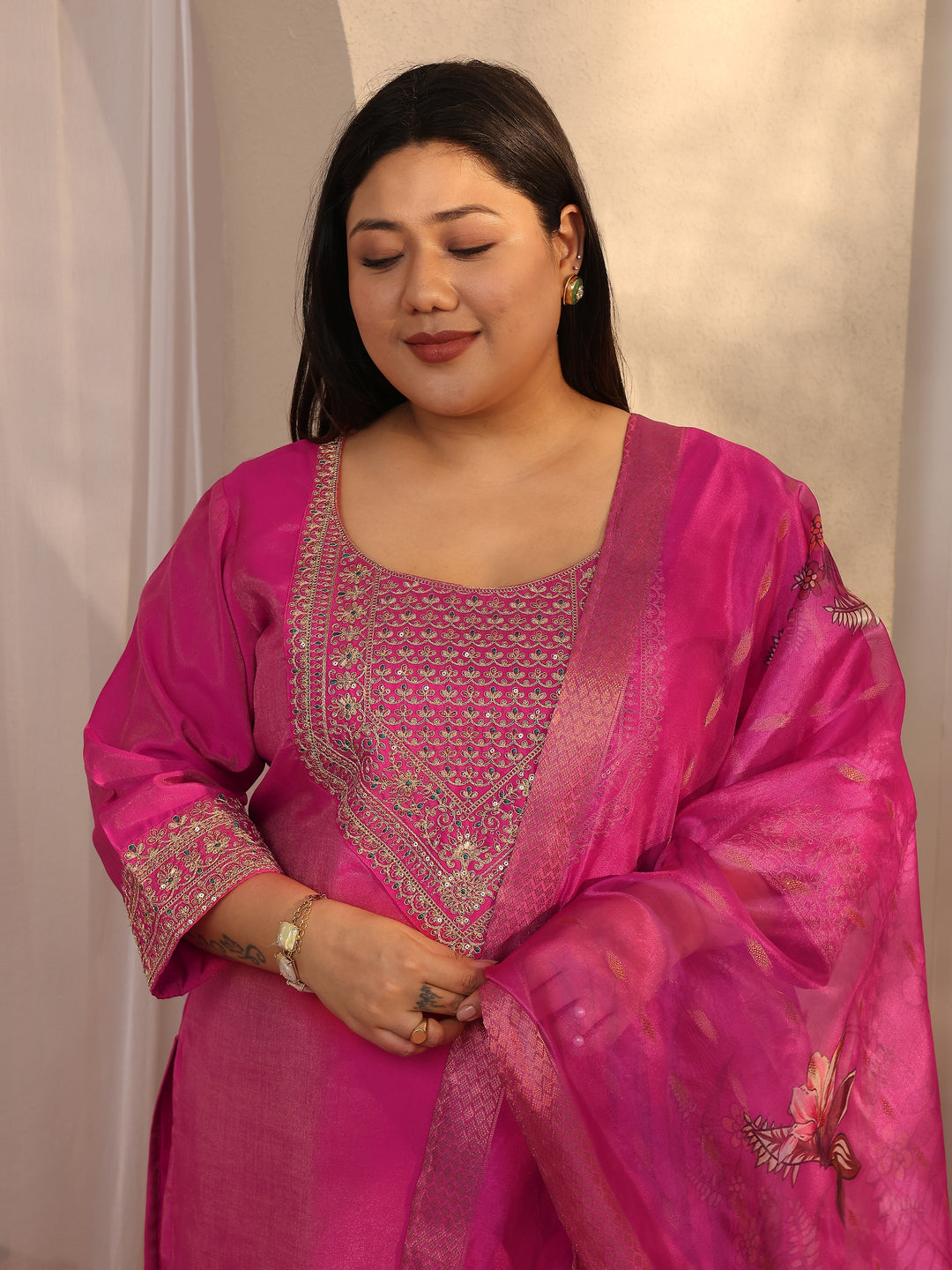 Plus Size Pink Embroidered Silk blend Straight Suit Set With Dupatta