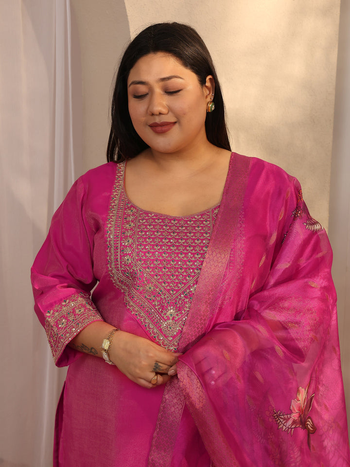 Plus Size Pink Embroidered Silk blend Straight Suit Set With Dupatta