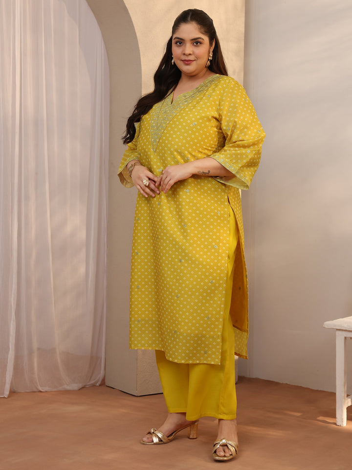 Plus Size Yellow Bandhani Printed Silk blend Straight Suit Set With Dupatta