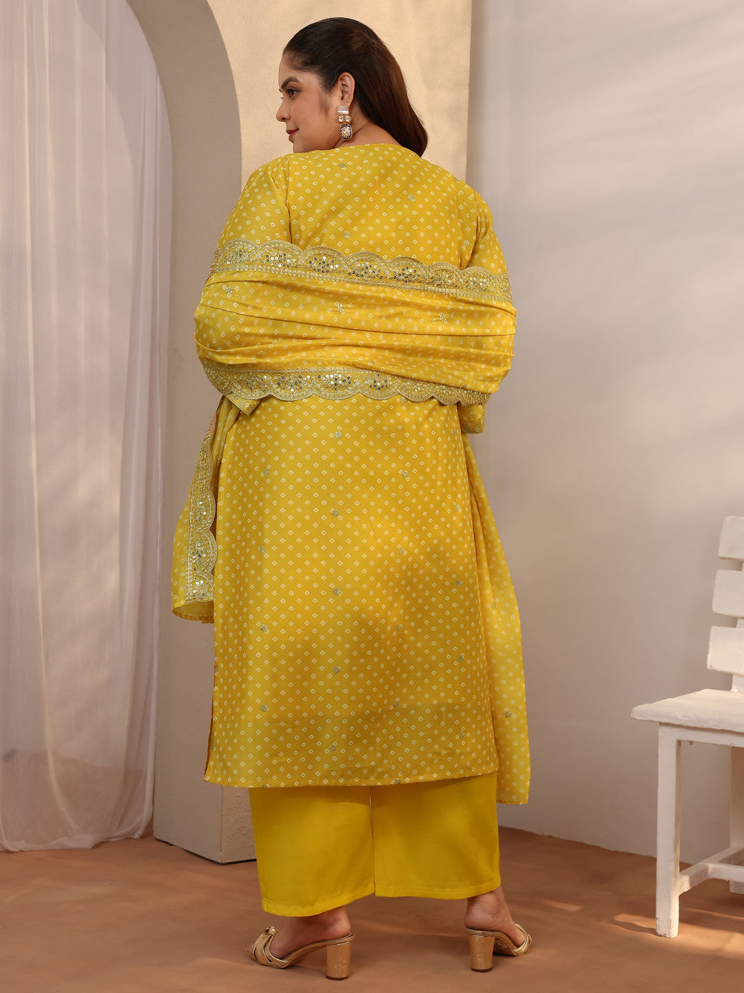 Plus Size Yellow Bandhani Printed Silk blend Straight Suit Set With Dupatta