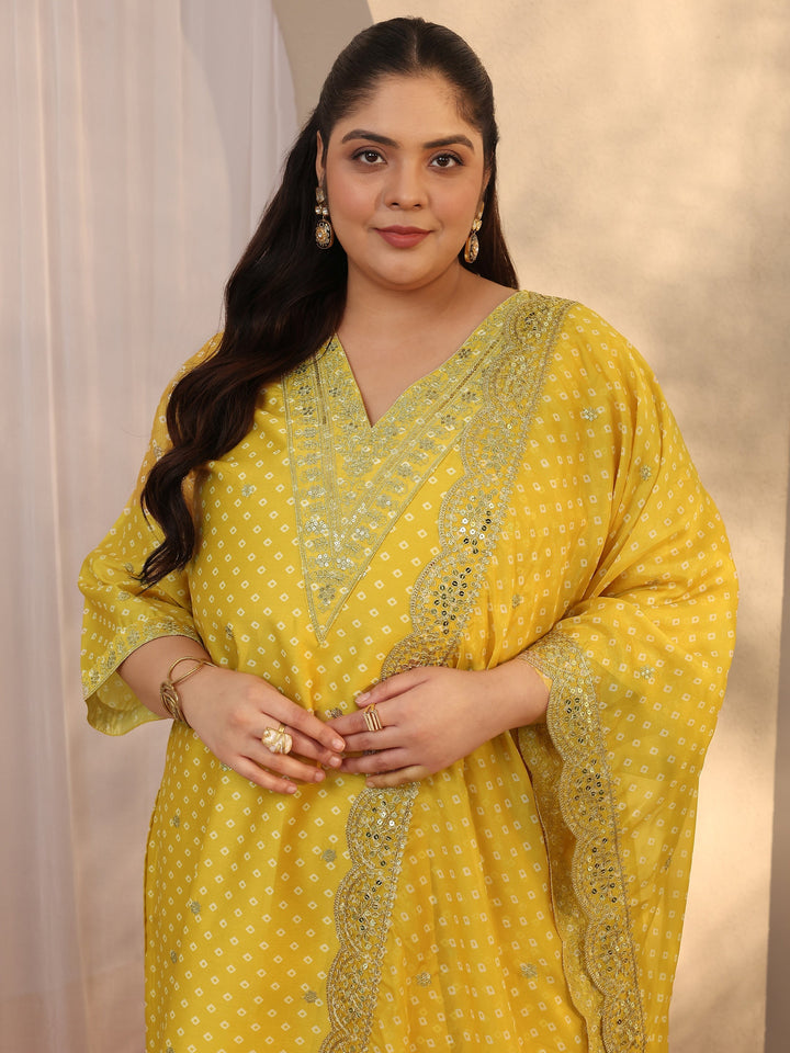 Plus Size Yellow Bandhani Printed Silk blend Straight Suit Set With Dupatta