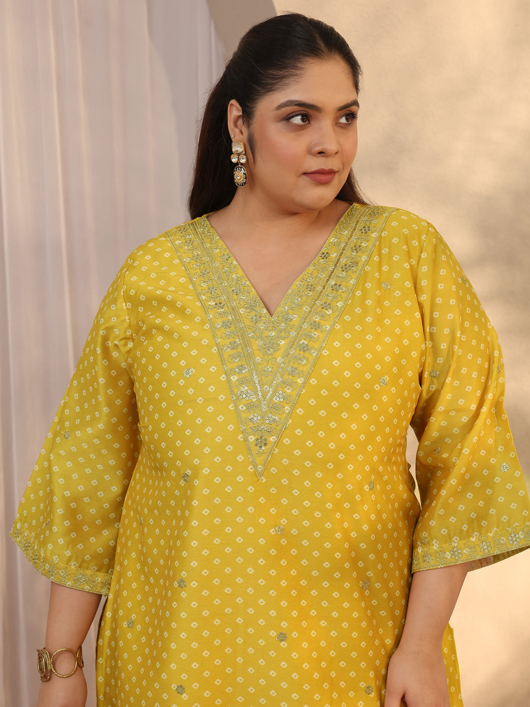 Plus Size Yellow Bandhani Printed Silk blend Straight Suit Set With Dupatta