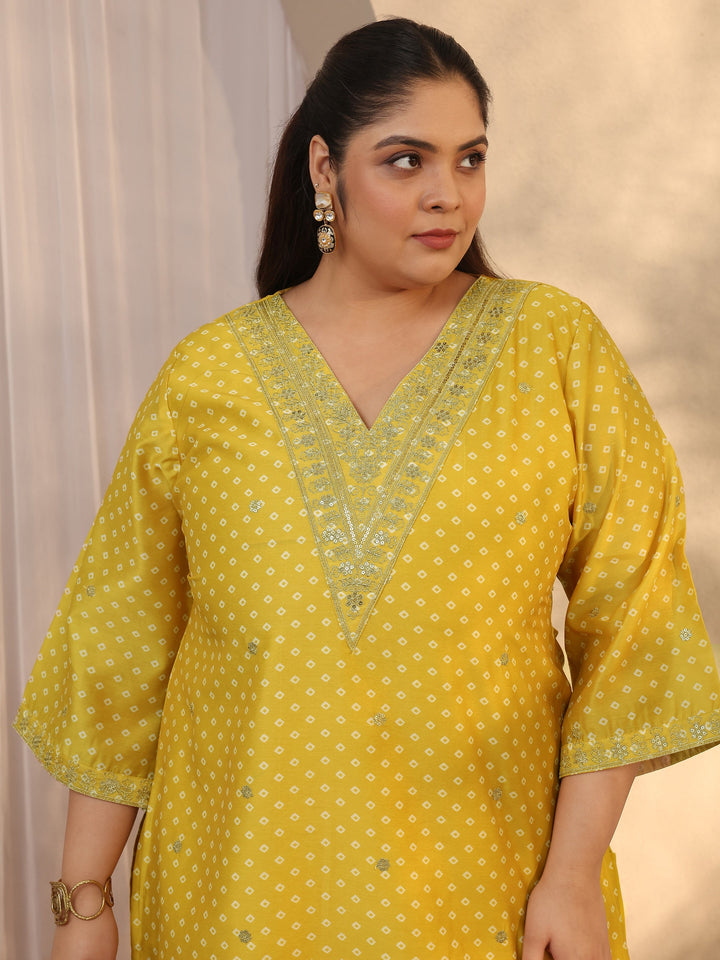 Plus Size Yellow Bandhani Printed Silk blend Straight Suit Set With Dupatta