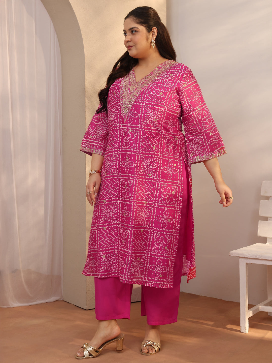 Plus Size Pink Bandhani Printed Silk blend Straight Suit Set With Dupatta