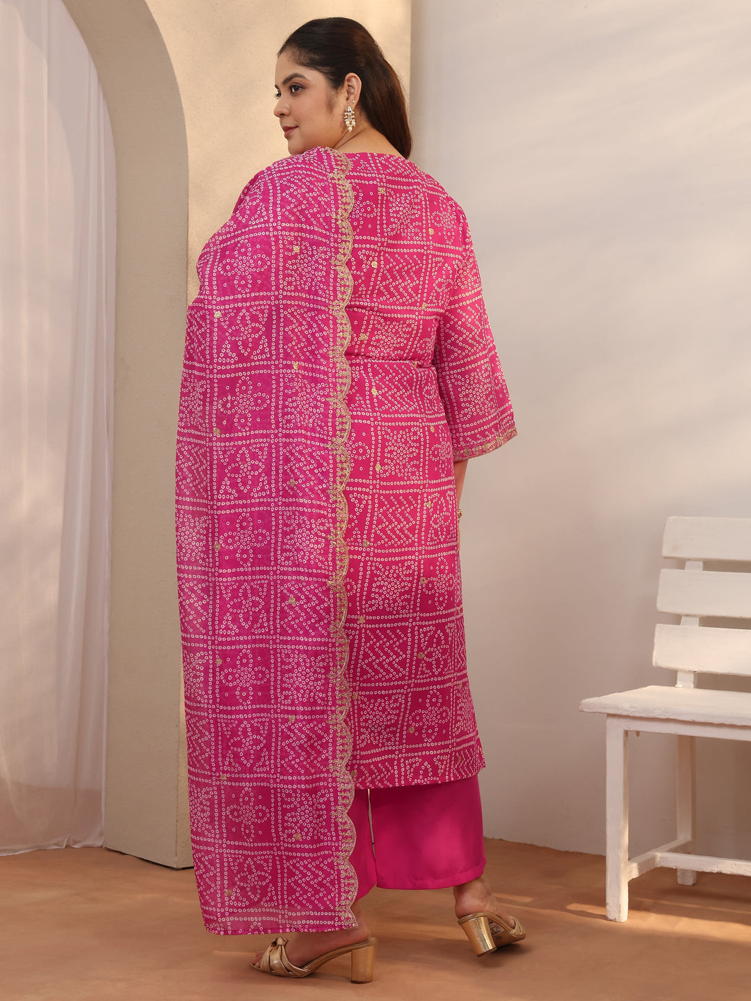 Plus Size Pink Bandhani Printed Silk blend Straight Suit Set With Dupatta