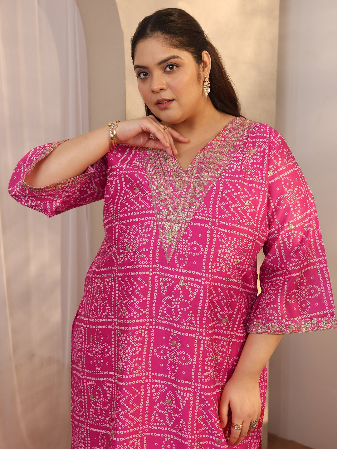 Plus Size Pink Bandhani Printed Silk blend Straight Suit Set With Dupatta