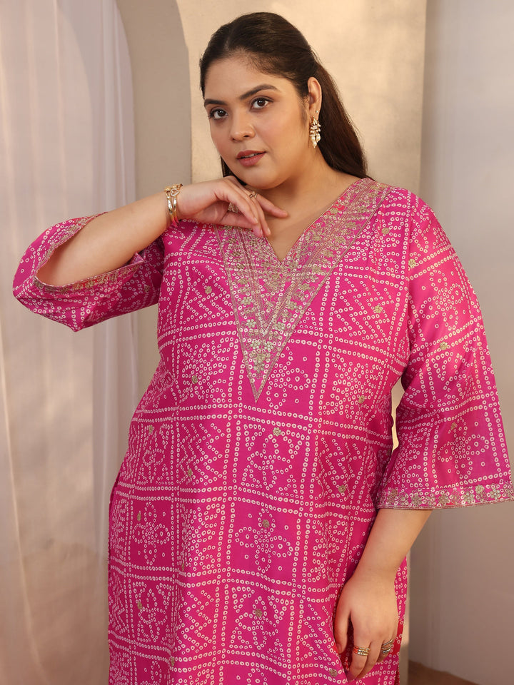 Plus Size Pink Bandhani Printed Silk blend Straight Suit Set With Dupatta