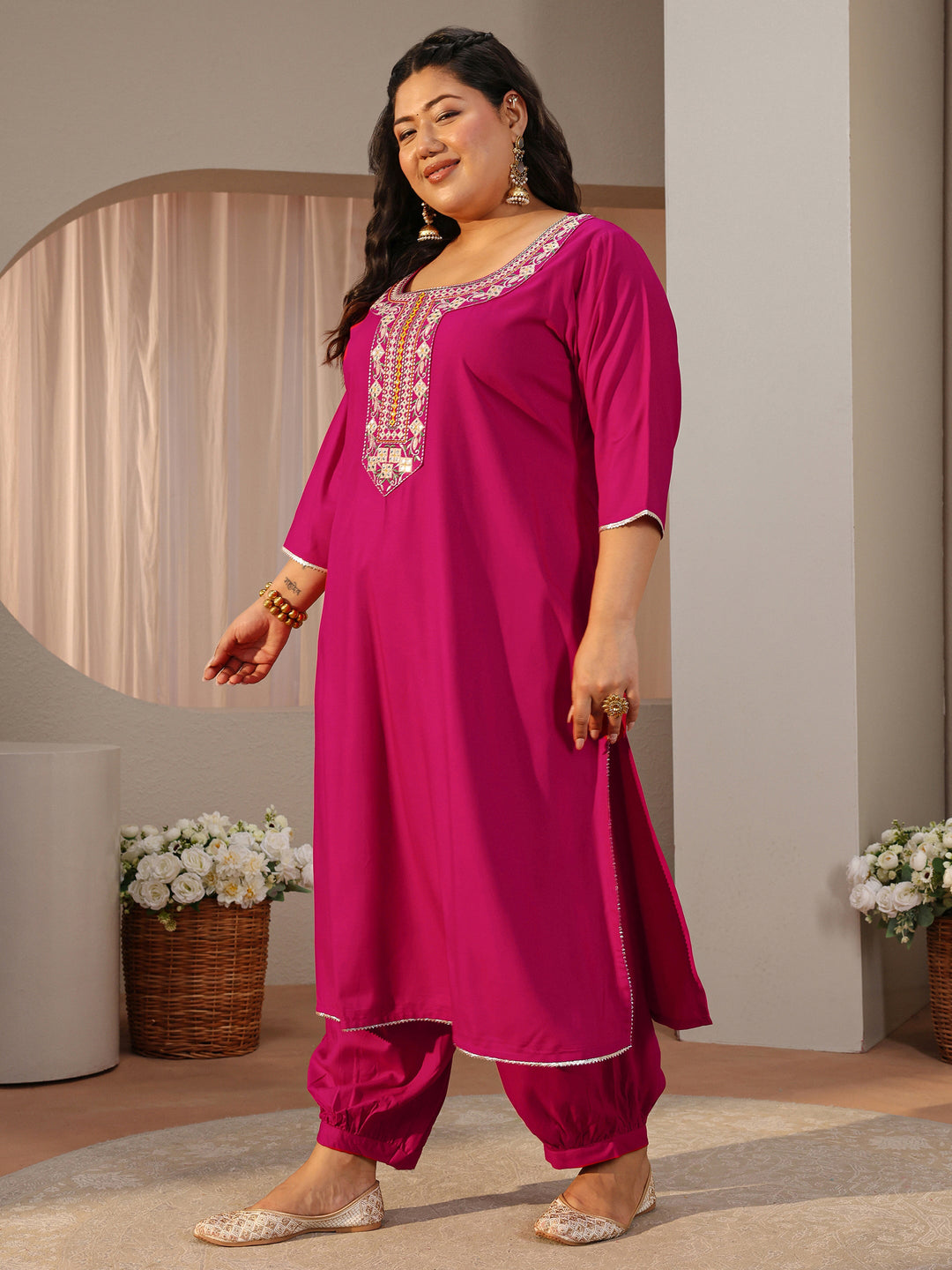 Plus Size Pink Yoke Embroidered Silk Blend Straight Suit Set