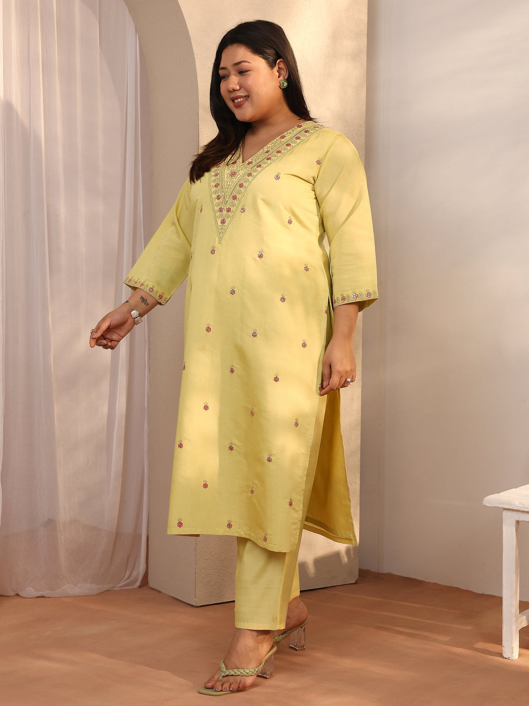 Plus Size Yellow Embroidered Silk blend Straight Suit Set With Dupatta