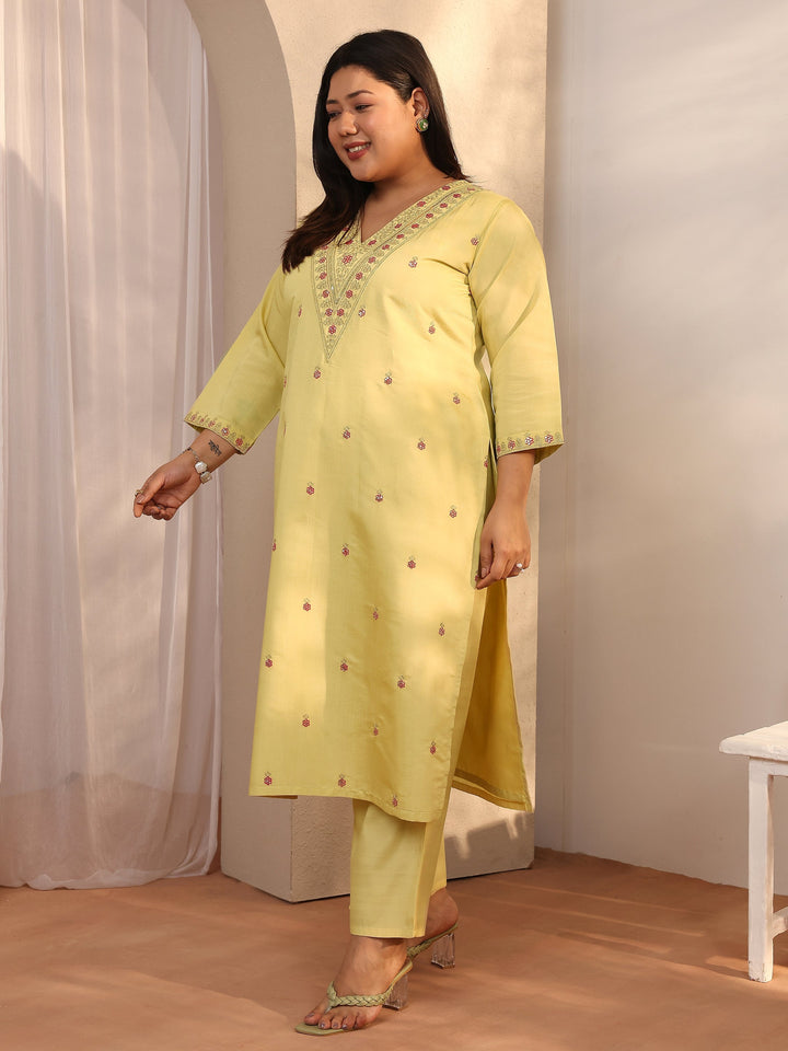 Plus Size Yellow Embroidered Silk blend Straight Suit Set With Dupatta