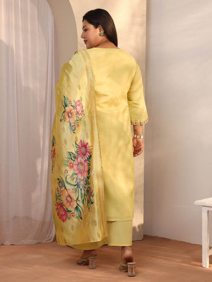 Plus Size Yellow Embroidered Silk blend Straight Suit Set With Dupatta