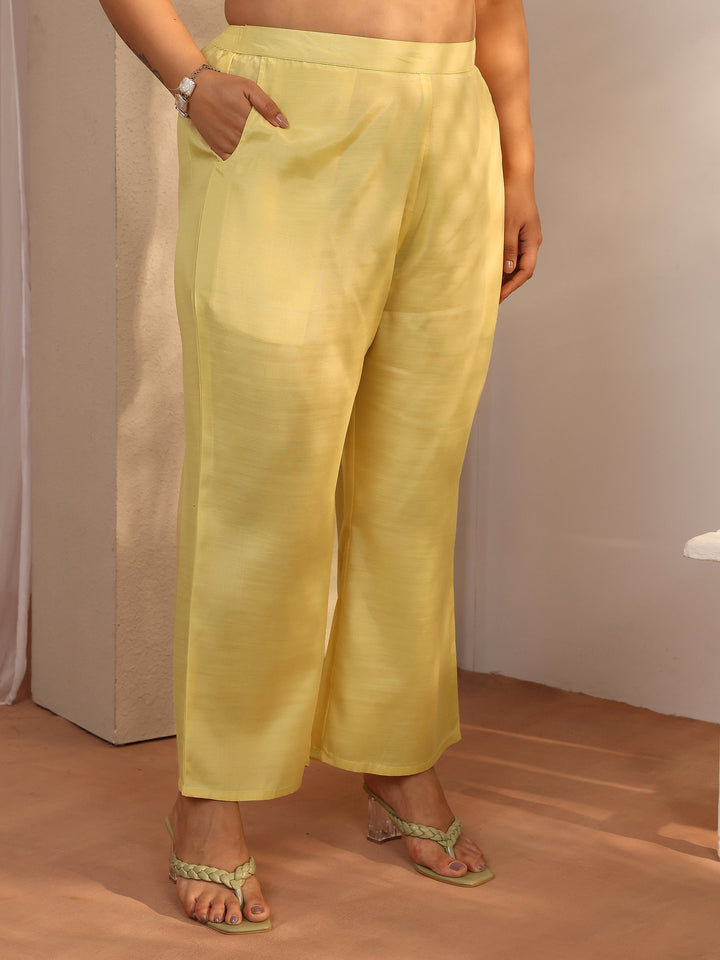 Plus Size Yellow Embroidered Silk blend Straight Suit Set With Dupatta