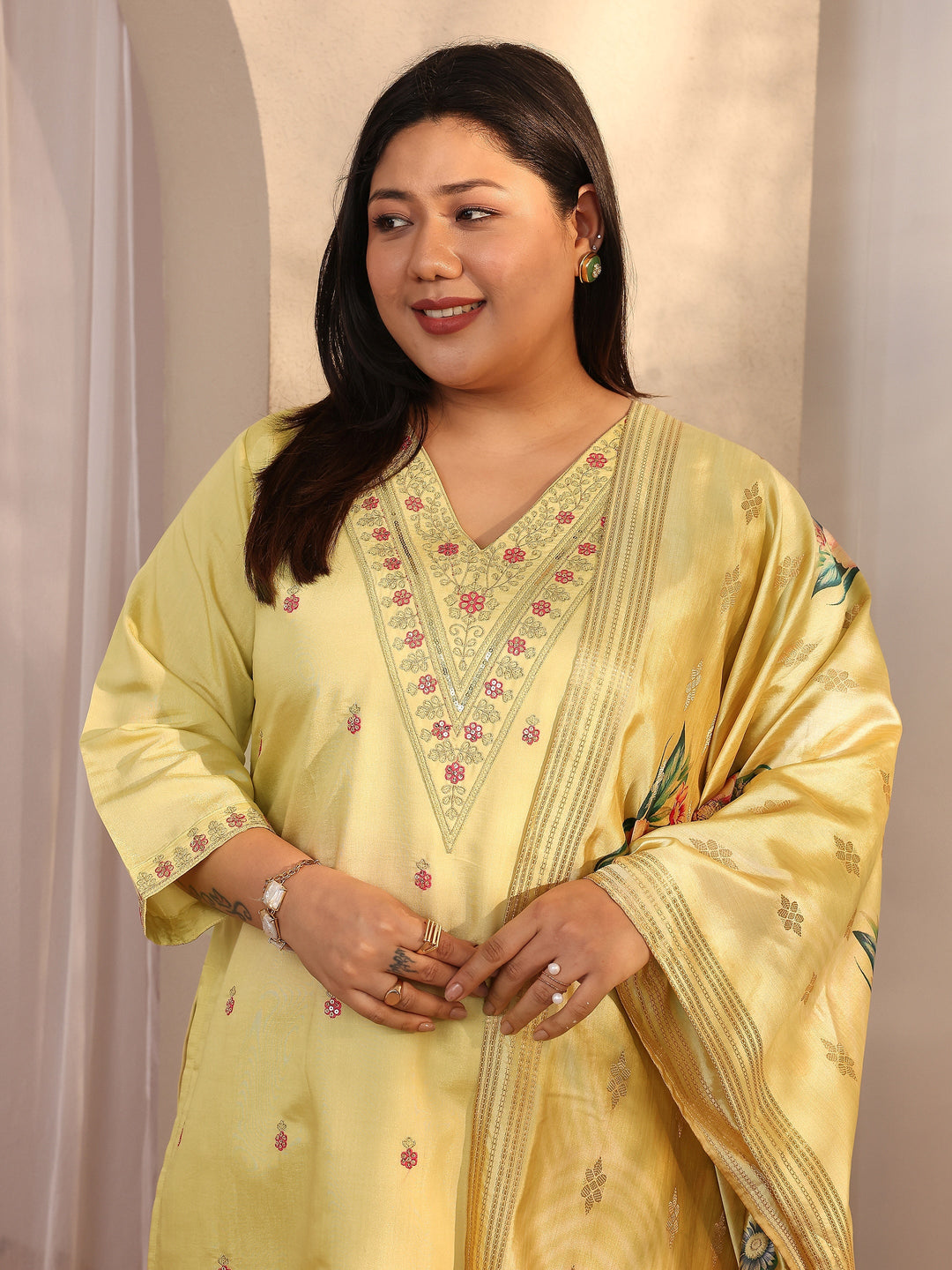 Plus Size Yellow Embroidered Silk blend Straight Suit Set With Dupatta