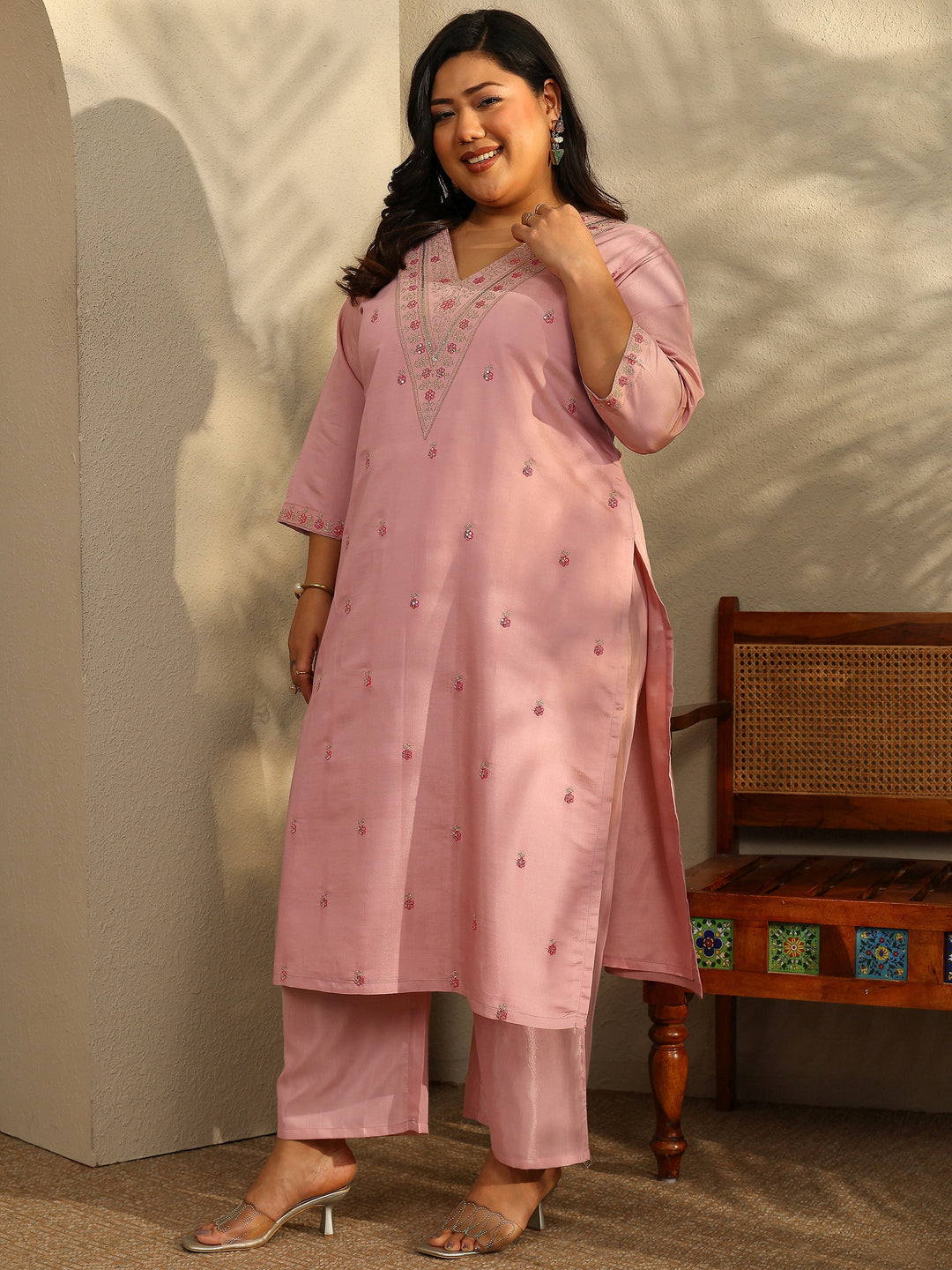 Plus Size Mauve Embroidered Silk Blend Straight Suit Set With Dupatta