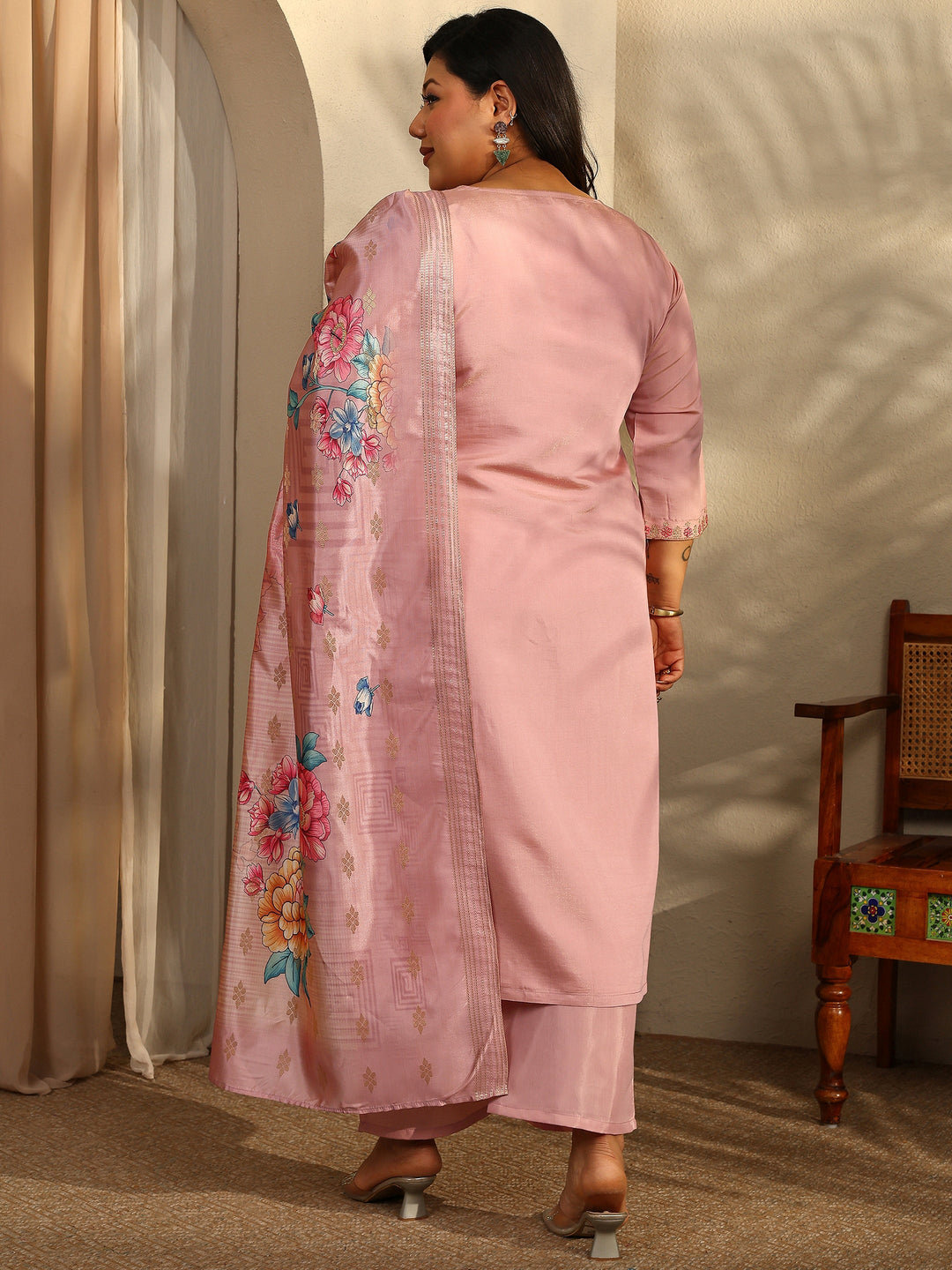 Plus Size Mauve Embroidered Silk Blend Straight Suit Set With Dupatta