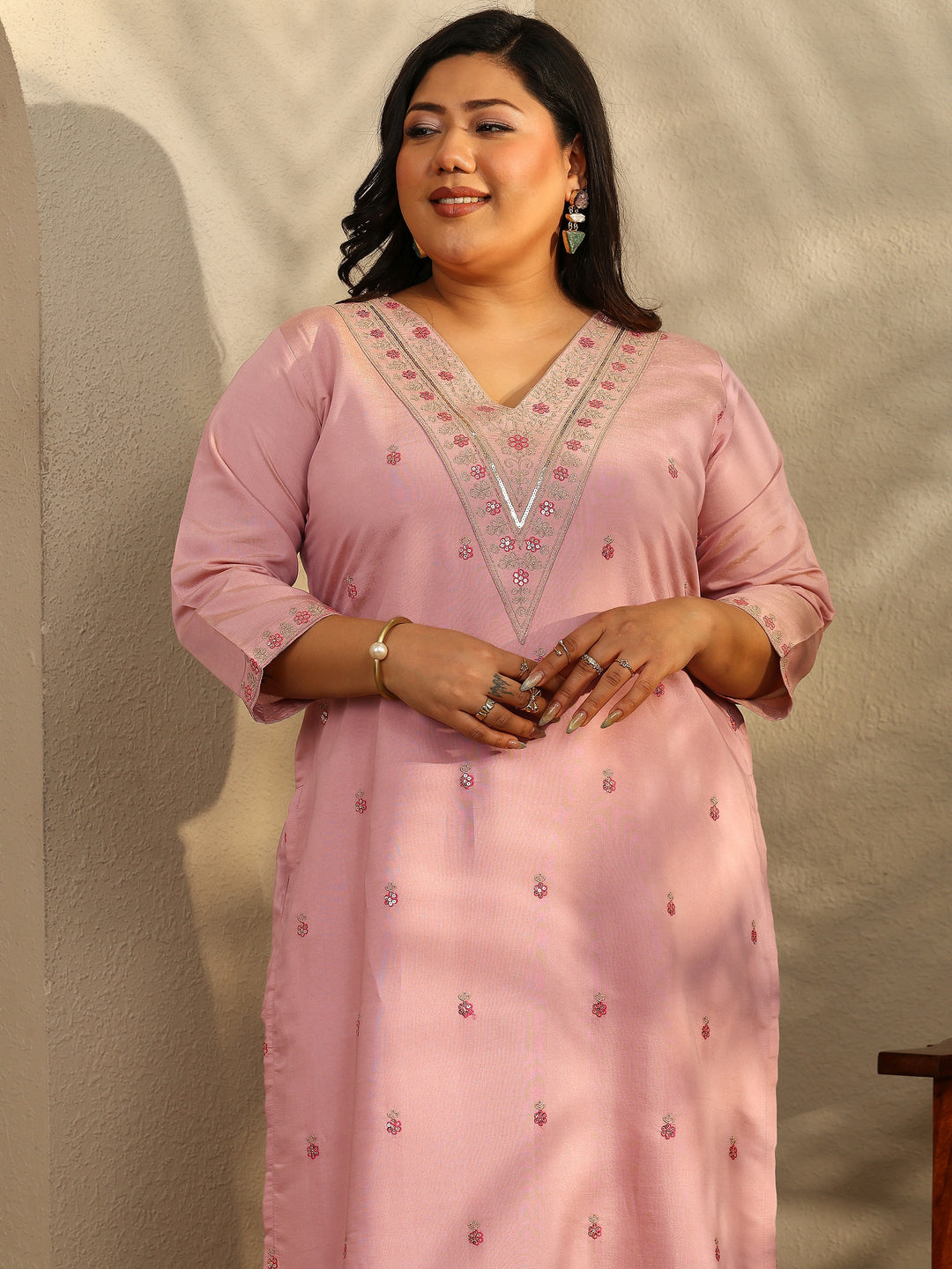Plus Size Mauve Embroidered Silk Blend Straight Suit Set With Dupatta