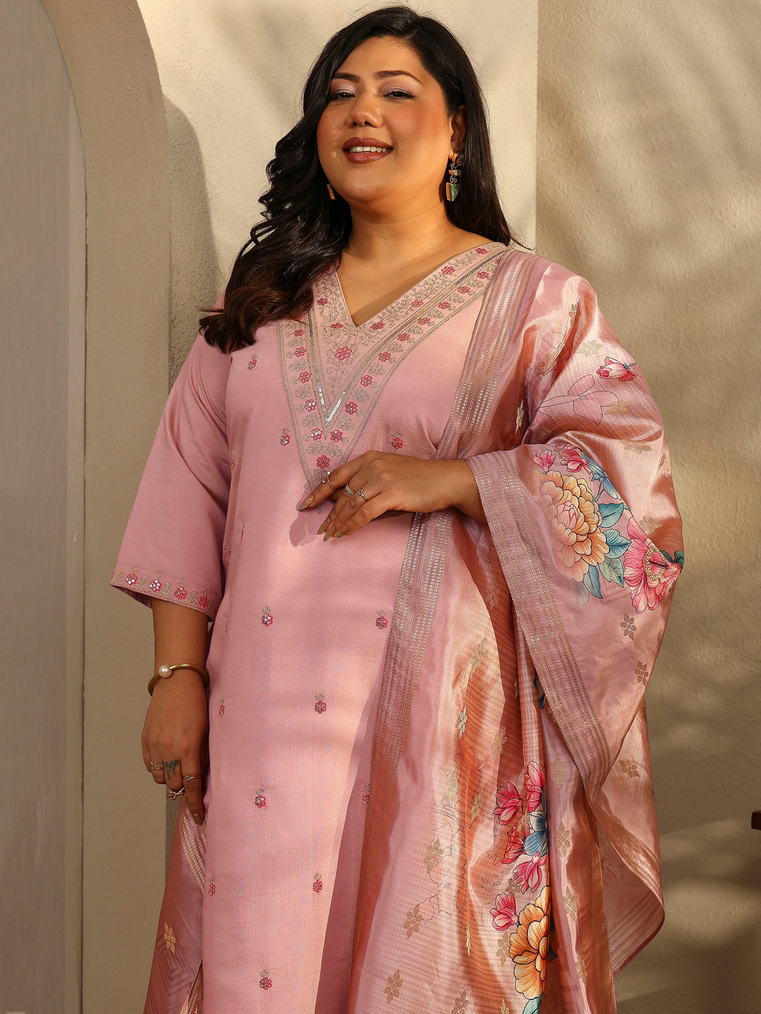 Plus Size Mauve Embroidered Silk Blend Straight Suit Set With Dupatta
