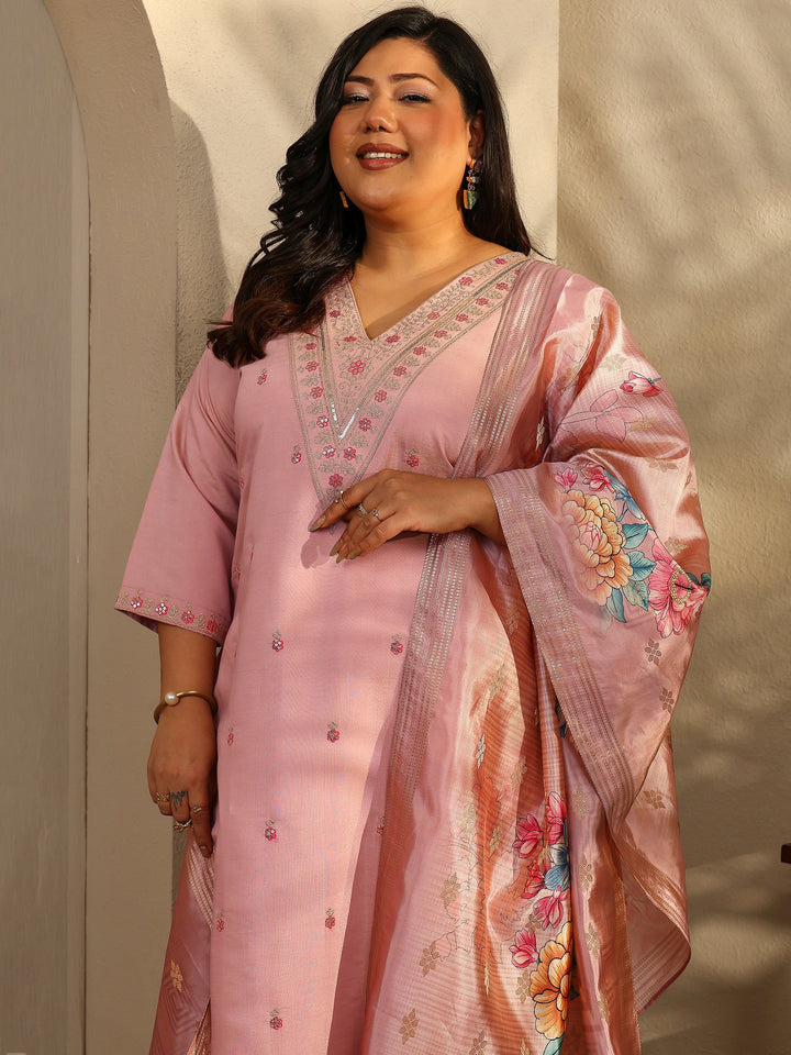 Plus Size Mauve Embroidered Silk Blend Straight Suit Set With Dupatta