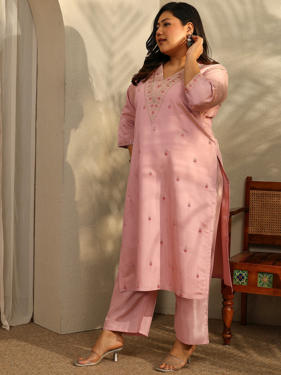 Plus Size Mauve Embroidered Silk Blend Straight Suit Set With Dupatta