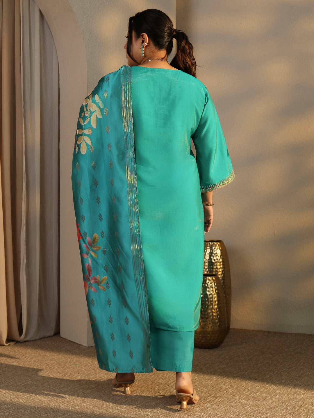 Plus Size Teal Embroidered Silk Blend Straight Suit Set With Dupatta