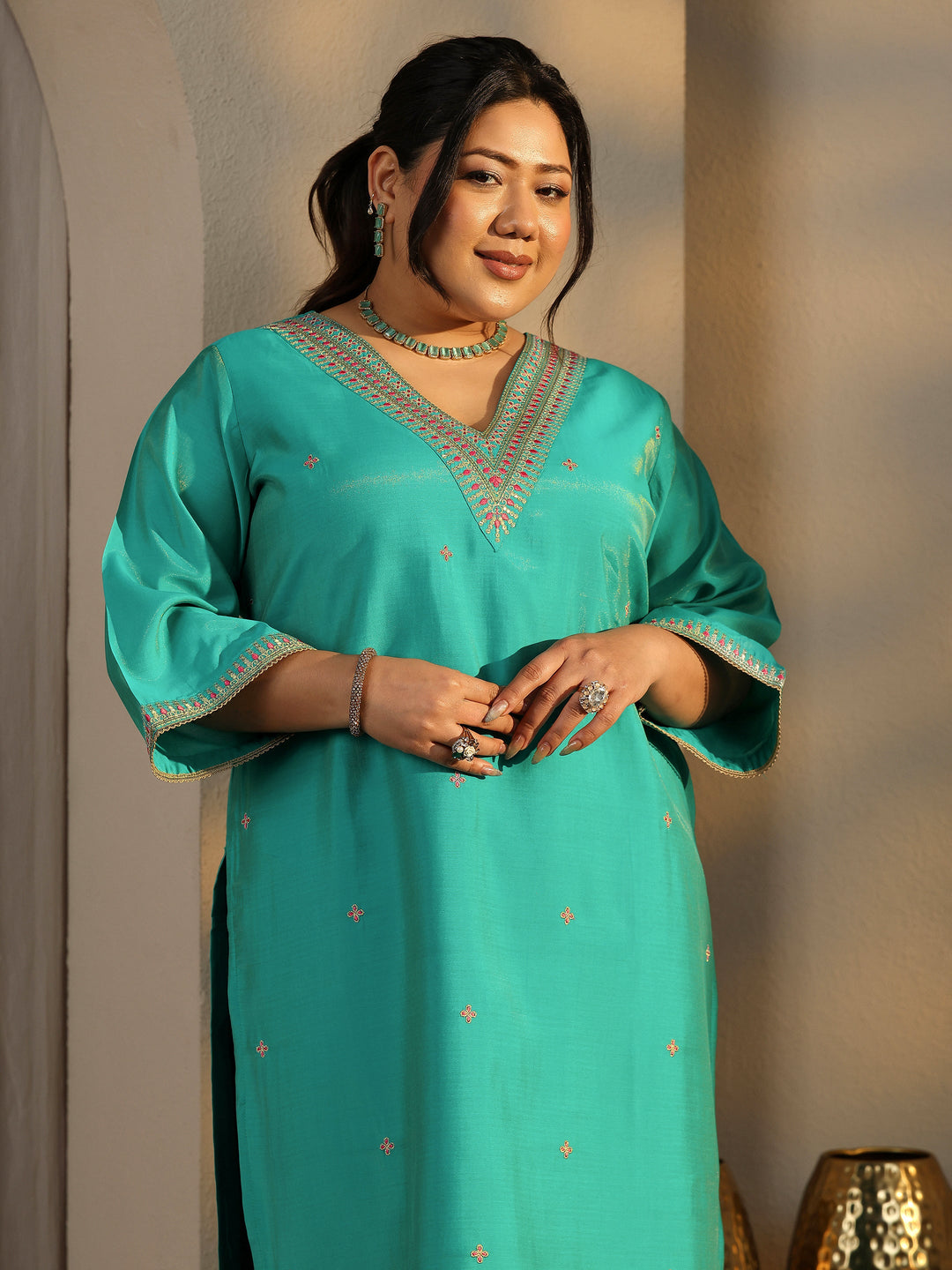 Plus Size Teal Embroidered Silk Blend Straight Suit Set With Dupatta