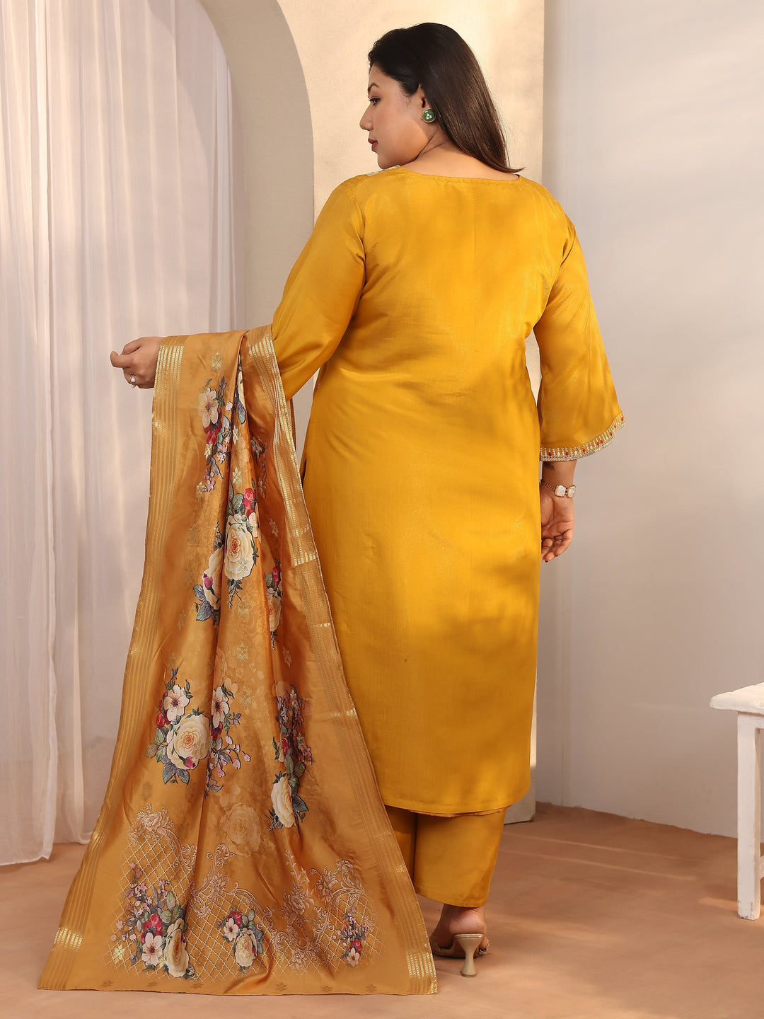 Plus Size Mustard Embroidered Silk blend Straight Suit Set With Dupatta