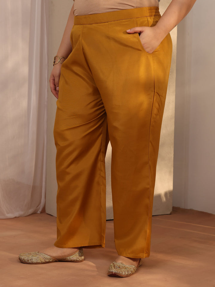 Plus Size Mustard Embroidered Silk blend Straight Suit Set With Dupatta