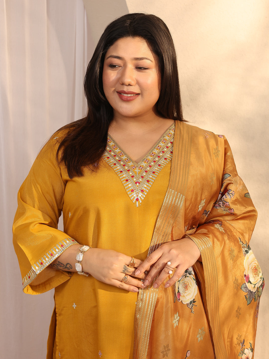 Plus Size Mustard Embroidered Silk blend Straight Suit Set With Dupatta
