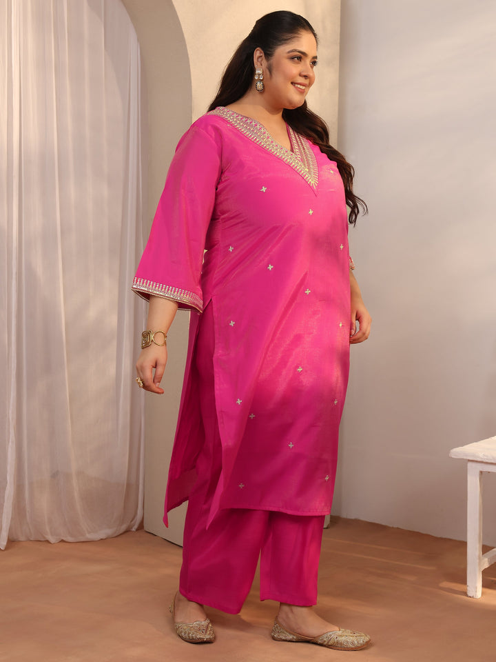 Plus Size Pink Embroidered Silk blend Straight Suit Set With Dupatta